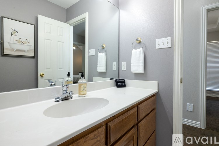 A bathroom with a white sink and a mirror.