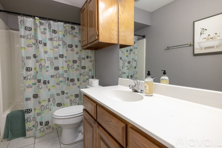 A bathroom with a toilet, sink, and shower curtain.