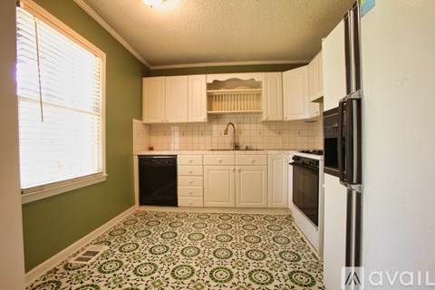 A kitchen with green walls and a patterned floor.