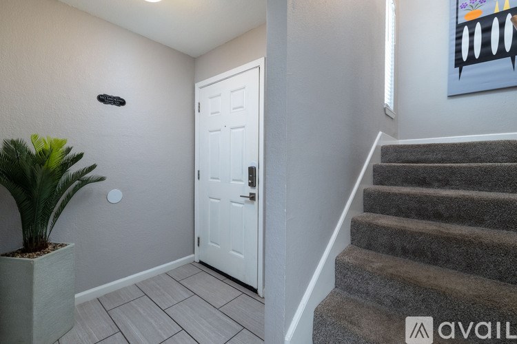 A staircase with a white door and a plant in a planter.