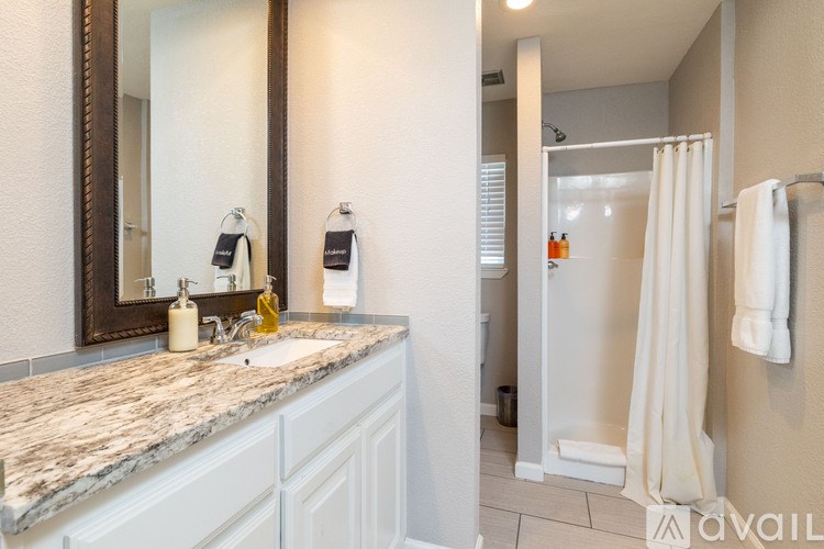 A bathroom with a marble countertop and a large mirror.