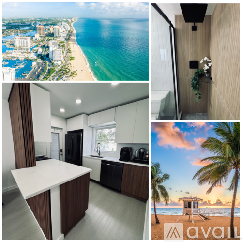 A collage of images showcasing a coastal city, a modern kitchen, a bathroom, and a beach scene.