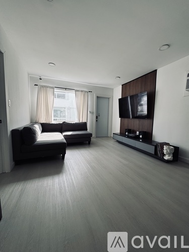 A living room with a couch, a television, and a window with curtains.