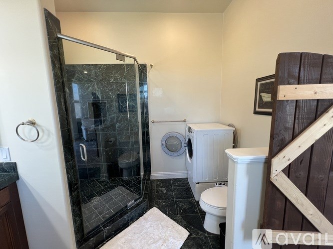 A bathroom with a walk-in shower, toilet, and washing machine.