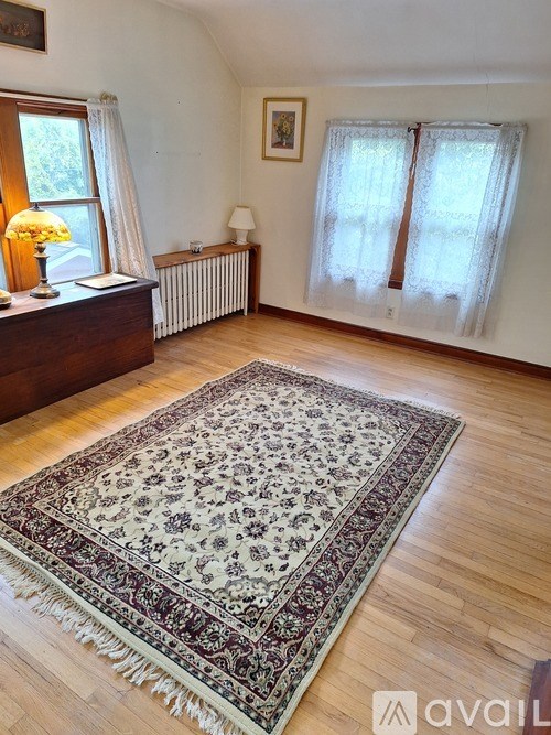 A room with a rug on the floor and a window with curtains.