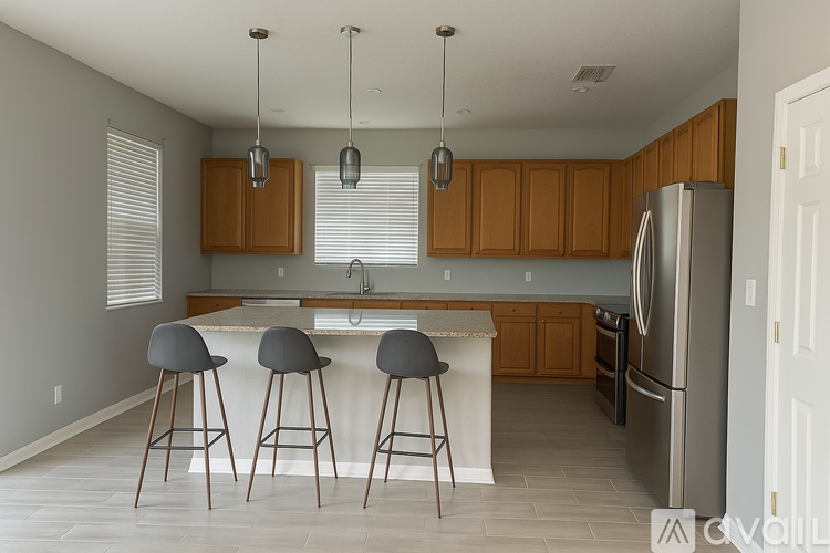 A kitchen with wooden cabinets and a white countertop.