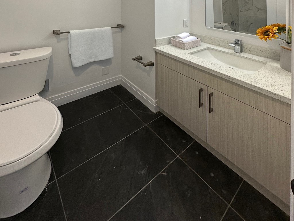 A bathroom with a toilet, sink, and towel rack.