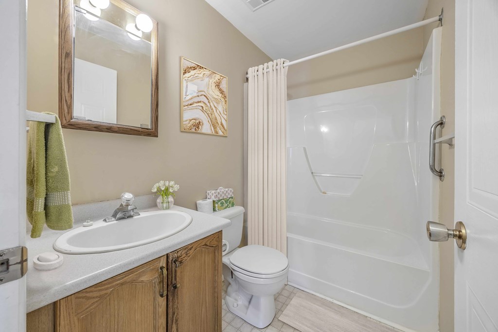 A bathroom with a white toilet, sink, and shower.