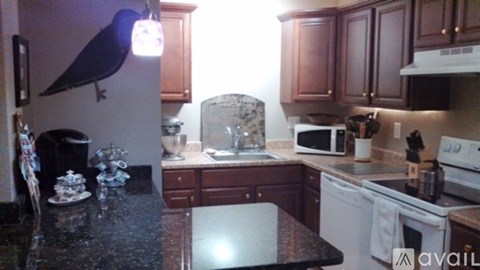 A kitchen with a black granite countertop and white appliances.