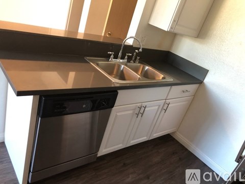 A kitchen with a stainless steel dishwasher and a double sink.