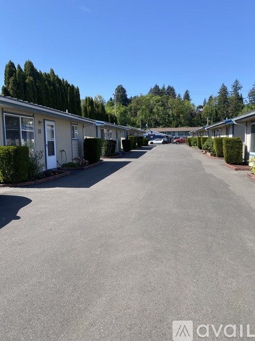 A street view of a residential area with houses on both sides and a clear blue sky.