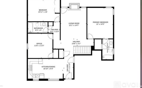 A floor plan of an apartment with a living room, two bedrooms, a bathroom, an office, and a kitchen/dining area.