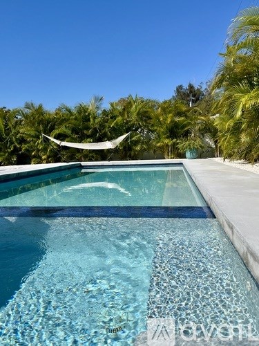 A swimming pool with a hammock hanging above it.
