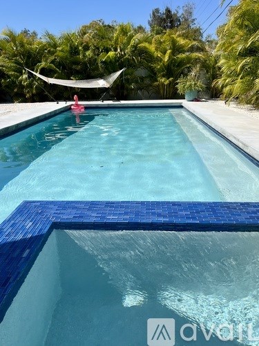 A swimming pool with a blue tiled edge and a hammock in the background.