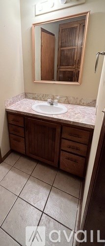 A bathroom with a sink and a mirror above it.