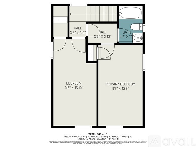 A floor plan of an apartment with two bedrooms, two bathrooms, and a living area.
