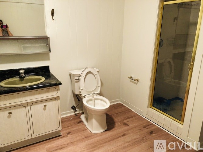 A white toilet in a bathroom with a black countertop and wooden flooring.