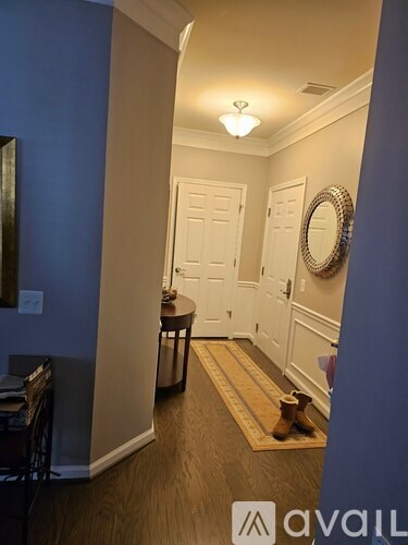 A hallway with a white door, a brown rug, and a mirror on the wall.