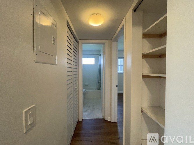 A hallway with a light on the ceiling and a door at the end.