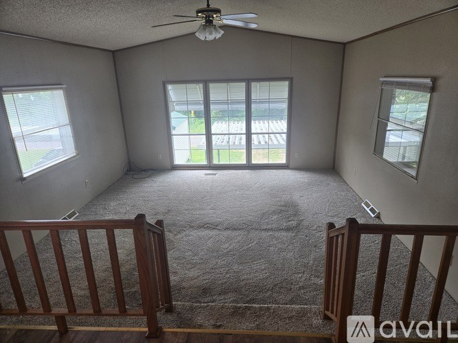 A room with a carpeted floor, a ceiling fan, and a view of a fence and trees through the windows.