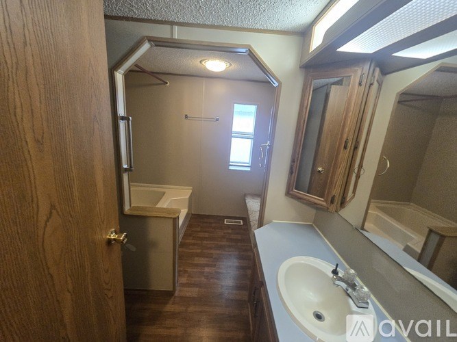A bathroom with a sink, mirror, and shower.