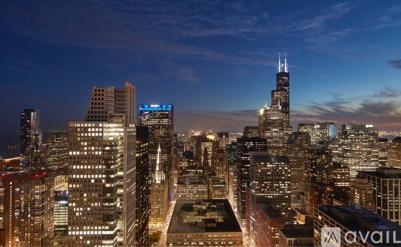 A cityscape at night with the Willis Tower illuminated in blue.