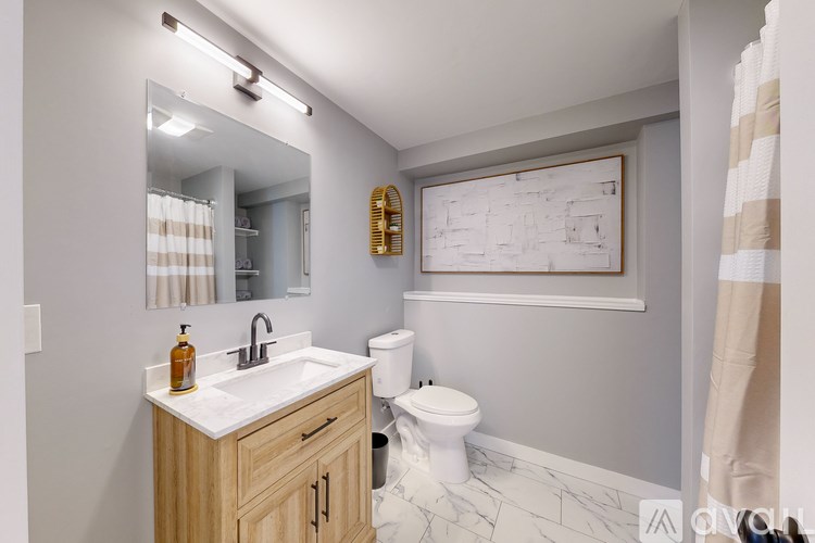A bathroom with a white toilet, sink, and a mirror.