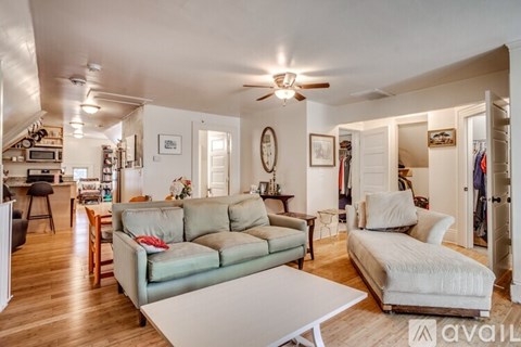 A living room with a green couch and a white couch.