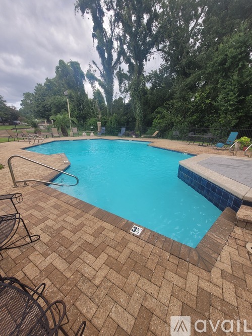 A pool surrounded by trees and a brick patio.