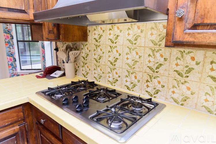 A gas stove with a hood above it in a kitchen.