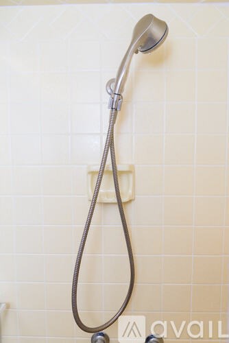 A shower head with a hose attached to it.