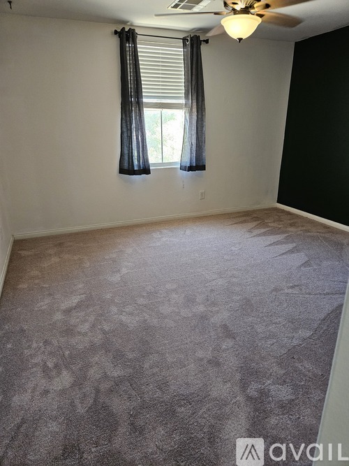 A room with a carpeted floor and a ceiling fan.