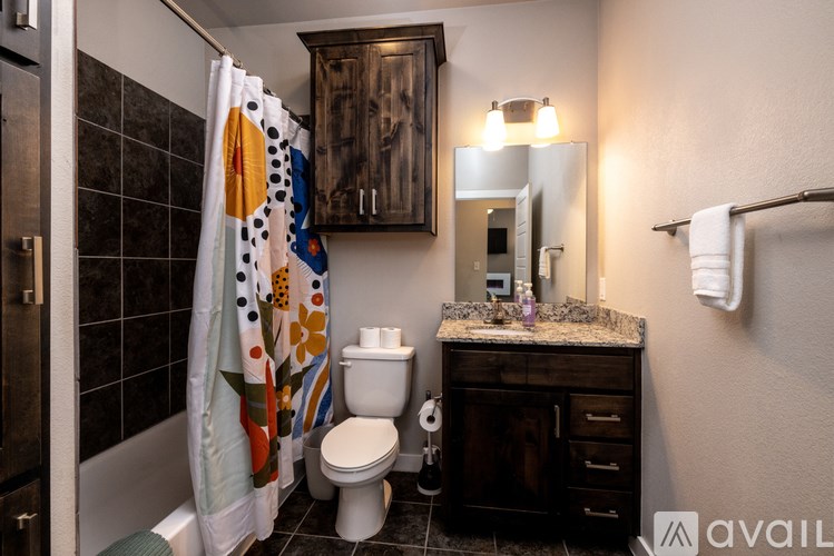 A bathroom with a toilet, sink, and a shower curtain with a floral pattern.