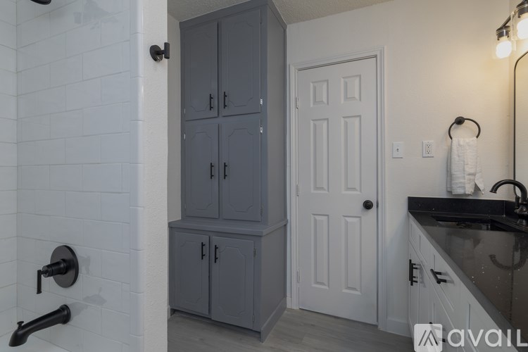 A bathroom with a white door, a grey cabinet, and a black counter.