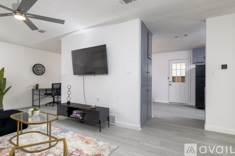 A living room with a television, a rug, and a ceiling fan.