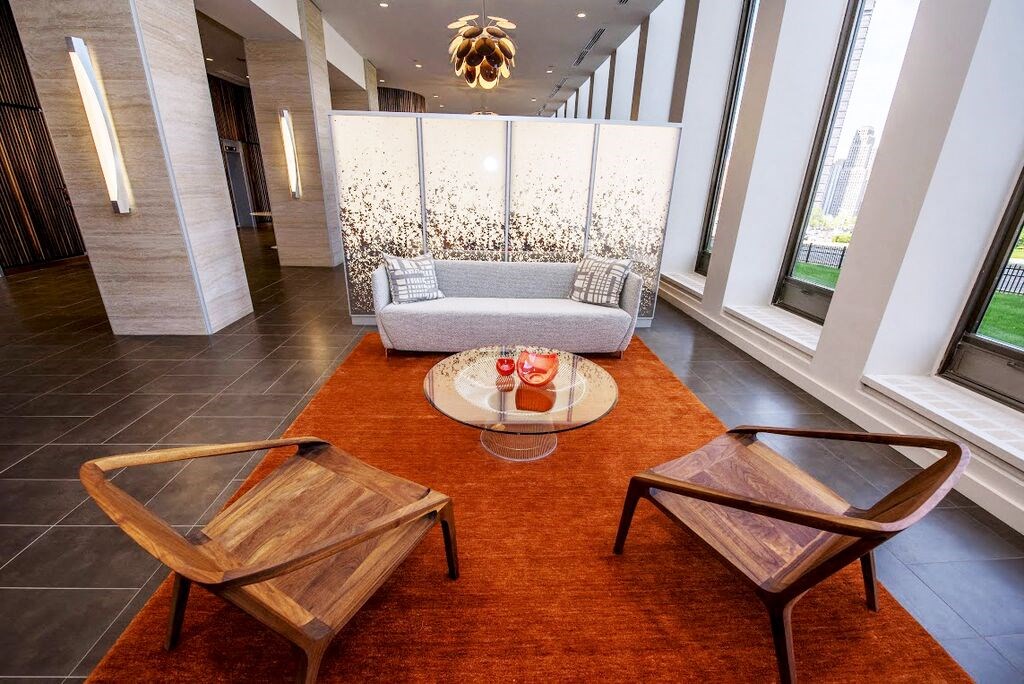 a living room with a couch and a table