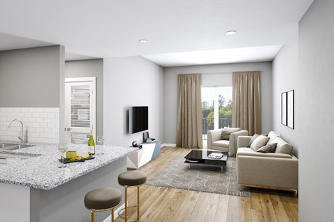 A modern kitchen with a dining area and a living room.