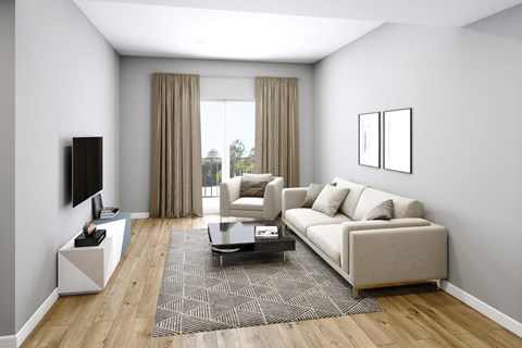 A living room with a white sofa, a black TV, and a patterned rug.