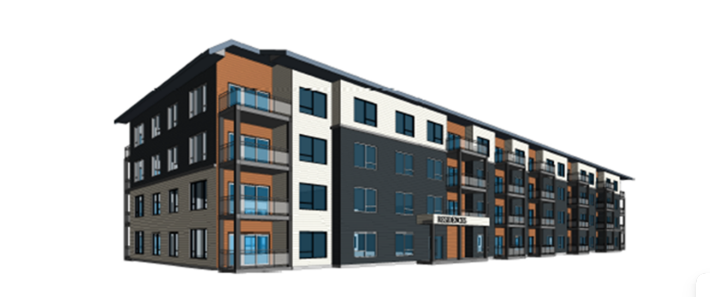 A 3D rendered image of a multi-story apartment building.