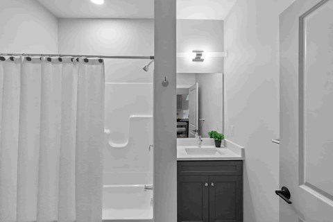 A bathroom with a white sink and a white shower.