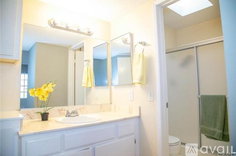 A bathroom with a sink, mirror, and a towel hanging on the door.