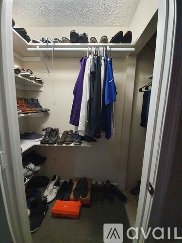 A small closet with shoes and clothes hanging up.