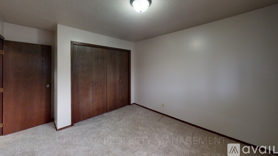 A room with a carpeted floor and a brown door.