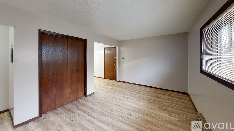 A room with a wooden floor and a brown door.