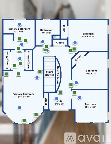 A floor plan of an apartment with two bedrooms and two bathrooms.