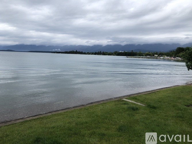 A grassy area borders a body of water with mountains in the distance.