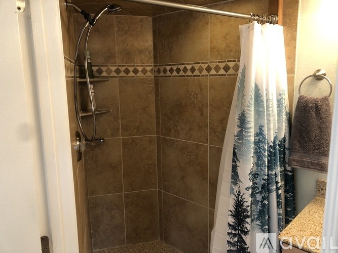 A shower with a curtain and a towel hanging on the towel ring.