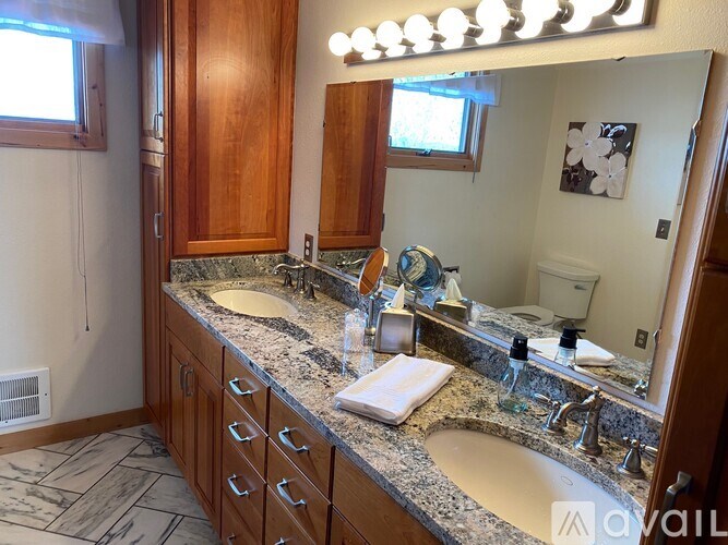 A bathroom with a granite counter top and a large mirror.