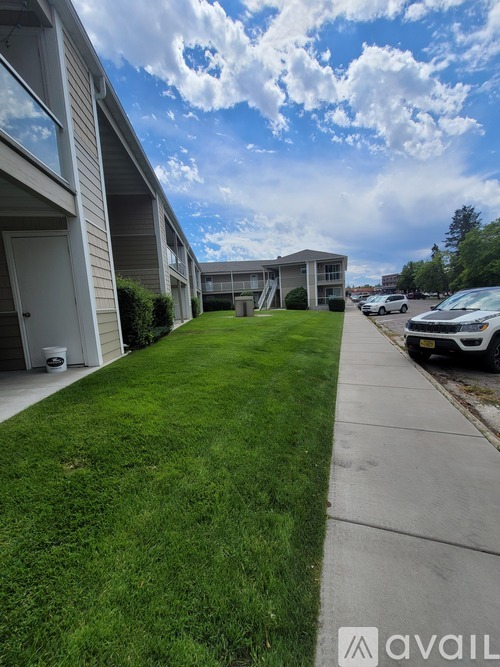 A row of houses with a grassy sidewalk in front.