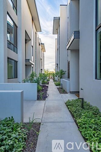 A row of modern houses with a walkway in between.